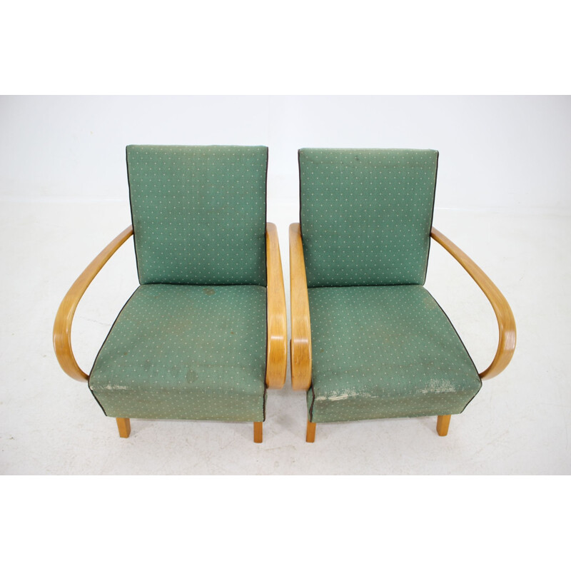 Pair of vintage armchairs by Jindřich Halabala in green fabric 1950s