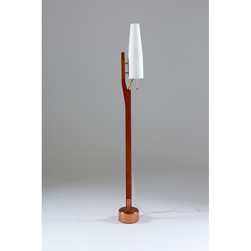 Orrefors floor lamp in teak copper and opaline glass - 1960s