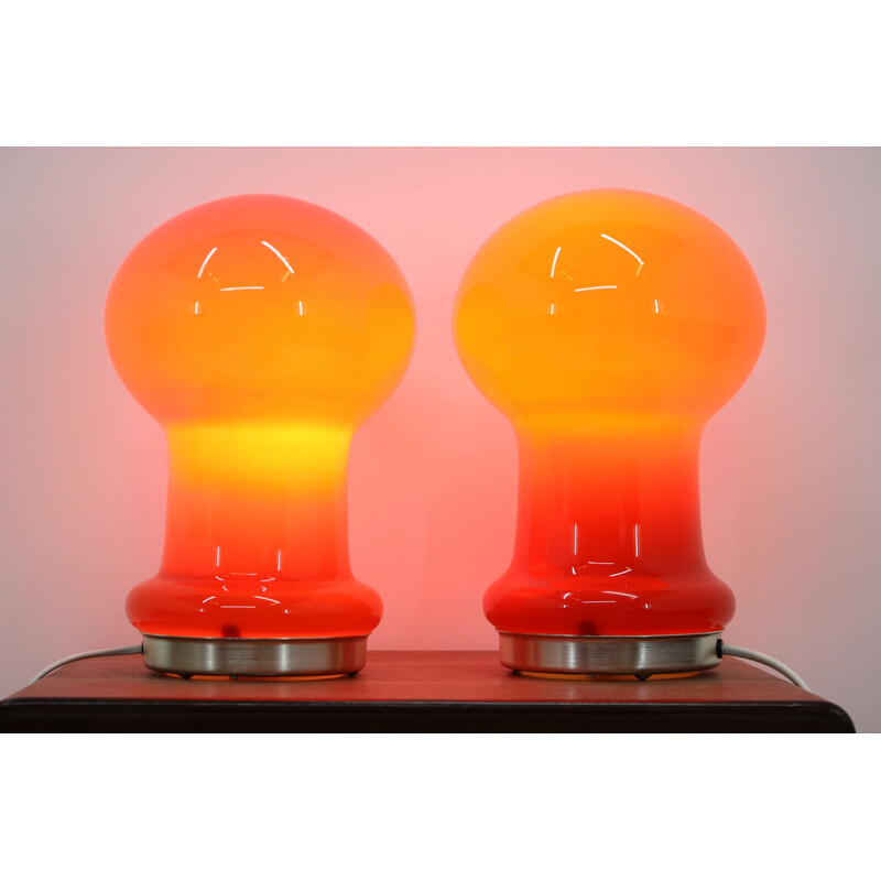 Paar vintage rode glazen lampen, 1960