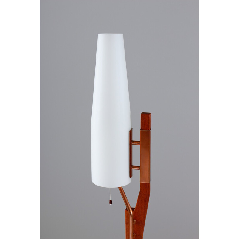 Orrefors floor lamp in teak copper and opaline glass - 1960s