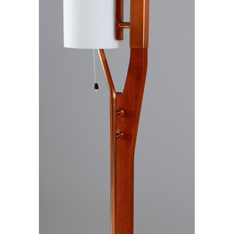 Orrefors floor lamp in teak copper and opaline glass - 1960s