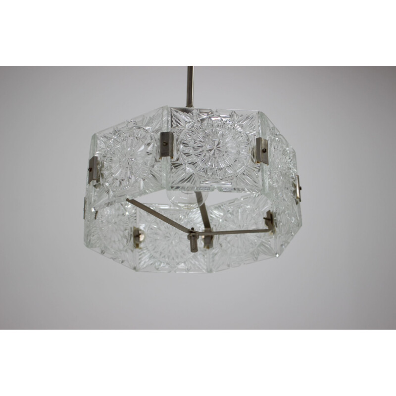 Vintage metal and glass pendant lamp by Kamenicky Senov, Czechoslovakia 1960