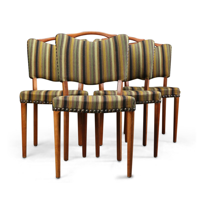 Suite de 4 chaises à repas vintage en chêne et laine 1960