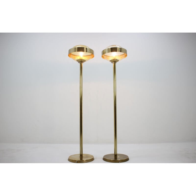 Pair of vintage UFO floorlamps for Kamenicky Senov in glass and brass 1970s