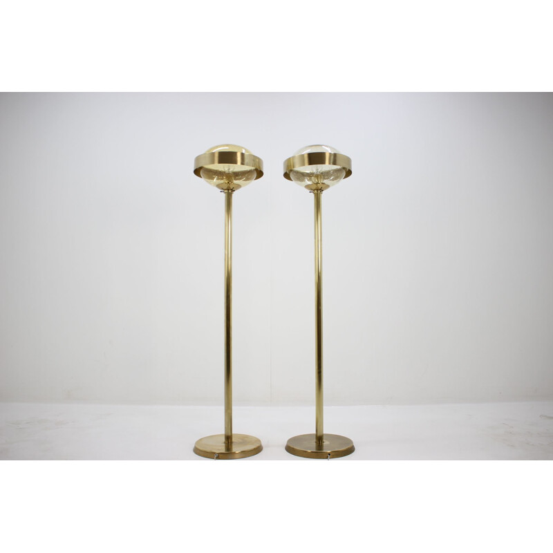 Pair of vintage UFO floorlamps for Kamenicky Senov in glass and brass 1970s