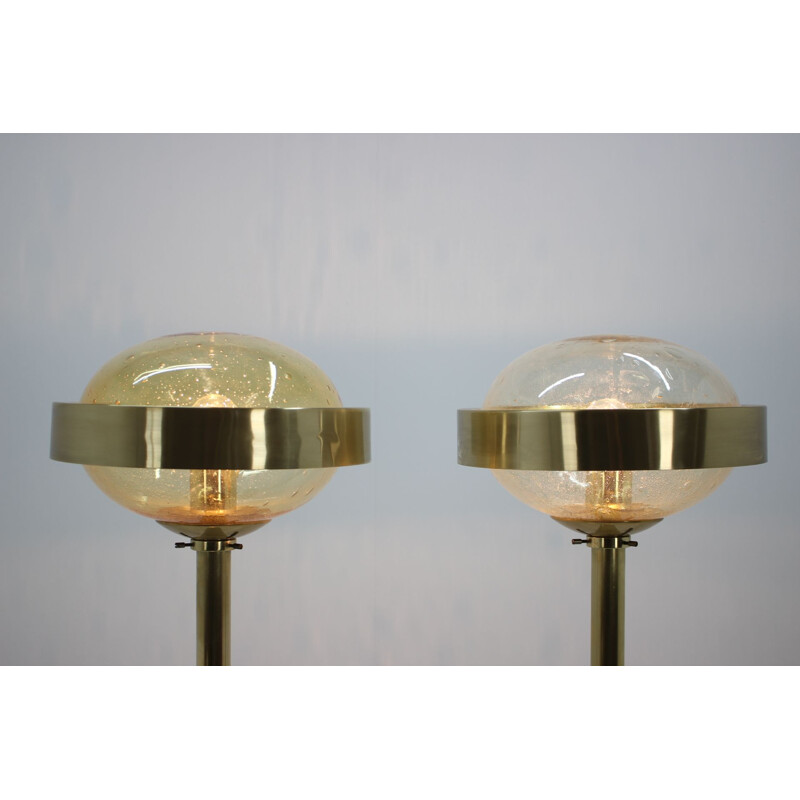 Pair of vintage UFO floorlamps for Kamenicky Senov in glass and brass 1970s