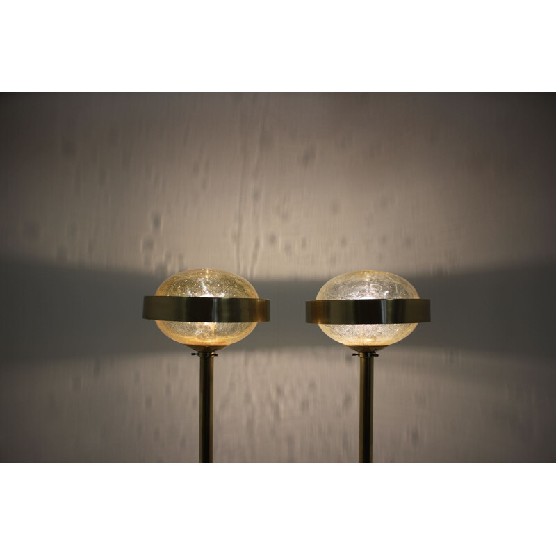 Pair of vintage UFO floorlamps for Kamenicky Senov in glass and brass 1970s