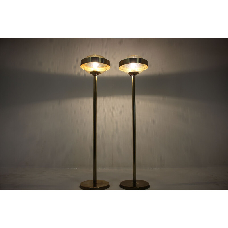 Pair of vintage UFO floorlamps for Kamenicky Senov in glass and brass 1970s