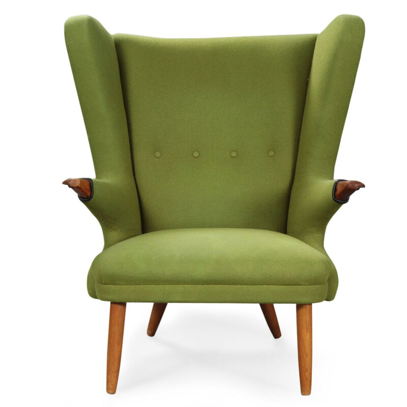 Vintage armchair in green wool and teak wood 1950