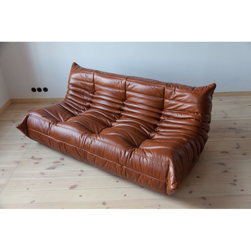 Vintage 3-seater Togo sofa for Ligne Roset in brown leather 1970s