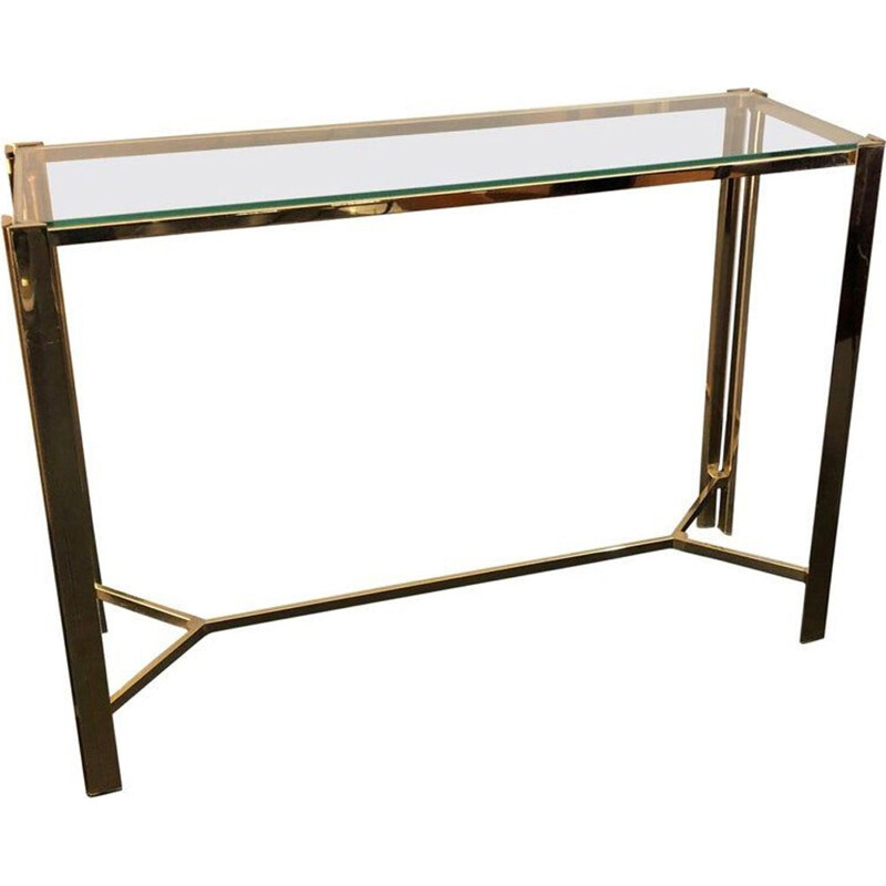 Table console vintage en métal doré et verre Italie 1960
