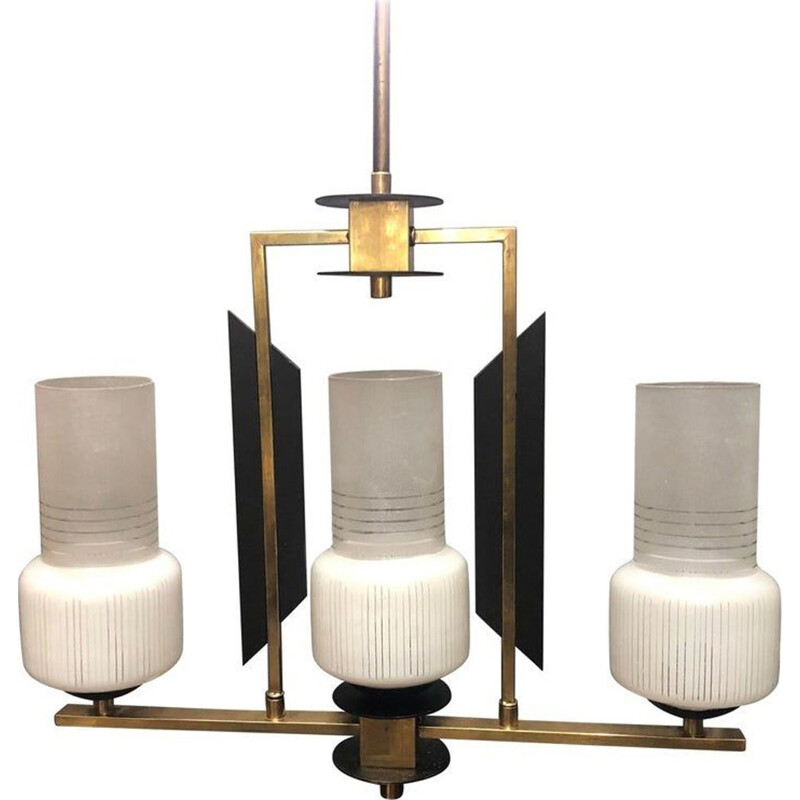 Vintage 3 lights chandelier in ebonized wood, brass and glass Italy 1950