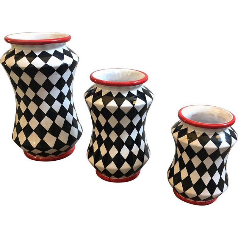 Set de 3 vases vintage peints à la main en terre cuite Albarello Sicile
