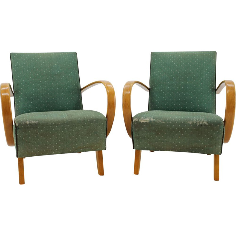 Pair of vintage armchairs by Jindřich Halabala in green fabric 1950s