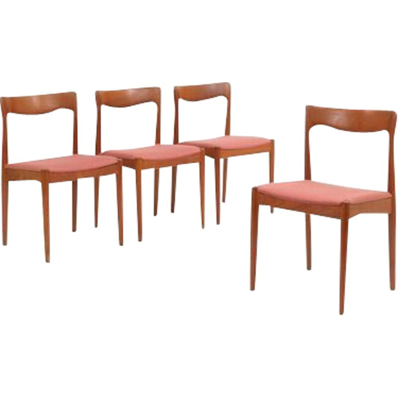 Suite de 4 chaises vintage scandinaves pour Vamo en laine rose et teck