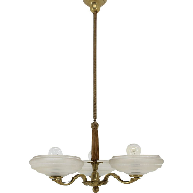 Vintage Art Deco brass and glass chandelier, Czechoslovakia 1930