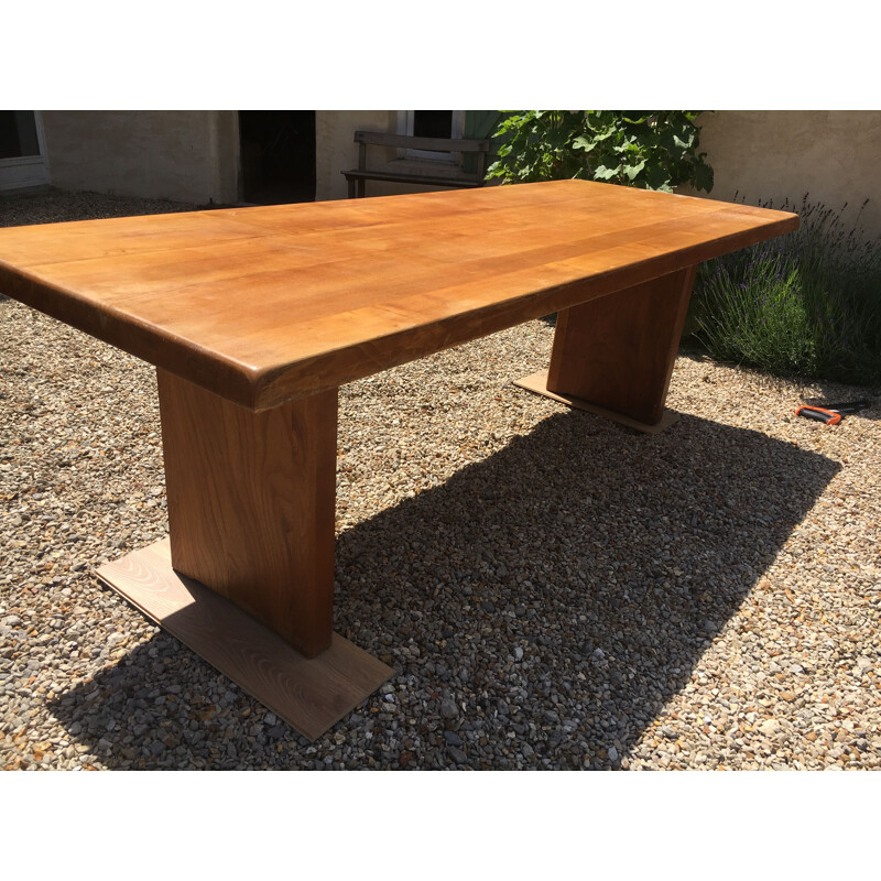 Vintage dining table T19 in elm by Pierre Chapo 1960-70s