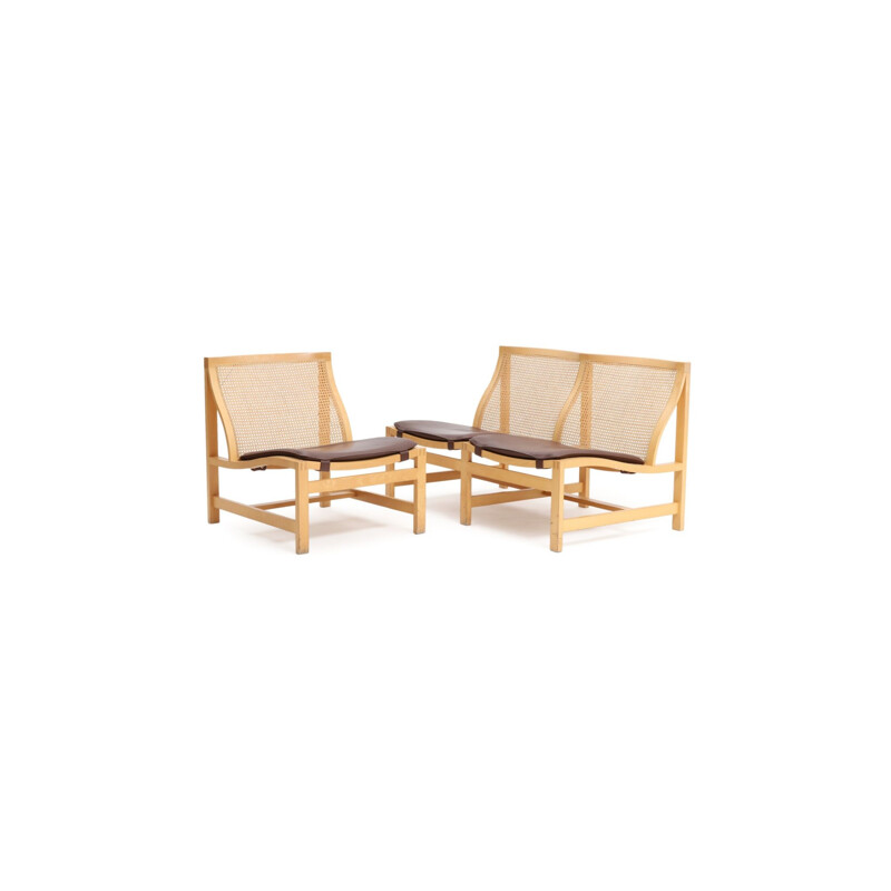 Vintage living room set armchair and sofa in beech by Botium 1950s