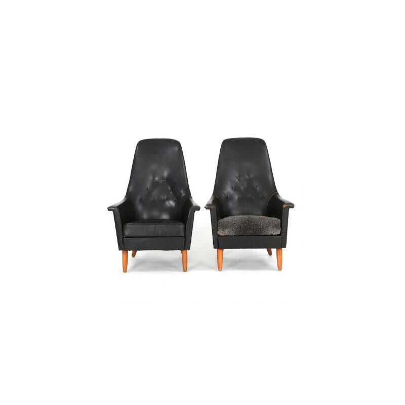 Scandinavian vintage armchair in black leather and beech 1960