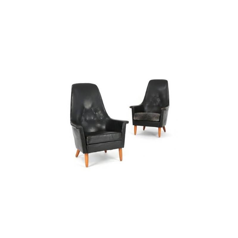 Scandinavian vintage armchair in black leather and beech 1960