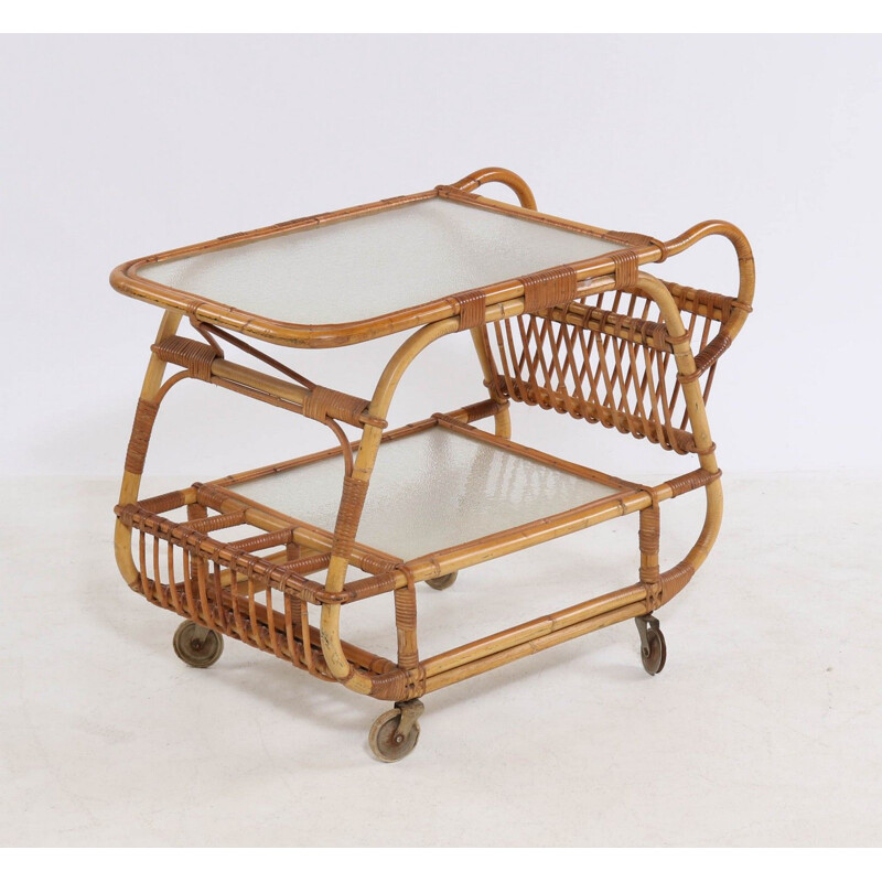 Scandinavian vintage serving trolley in glass and bamboo 1930