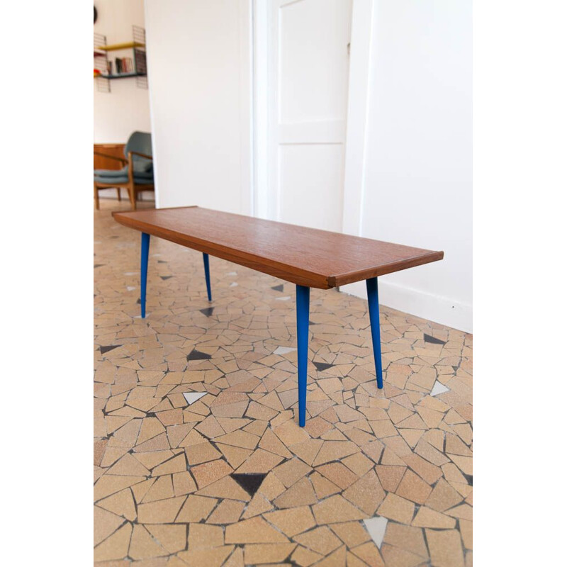 Table basse vintage pieds compas bleus