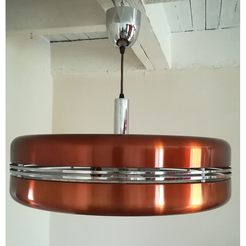 Vintage Circular metal tone copper and chrome hanging lamp