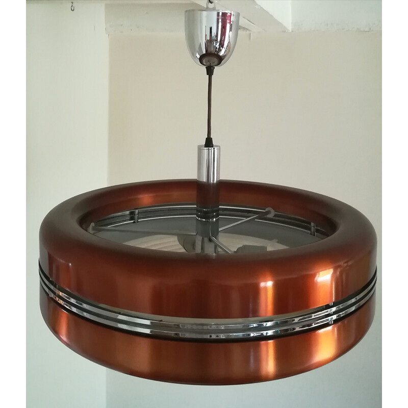 Suspension vintage circulaire métal ton cuivre et chrome
