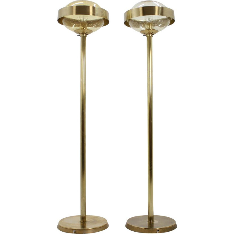 Pair of vintage UFO floorlamps for Kamenicky Senov in glass and brass 1970s