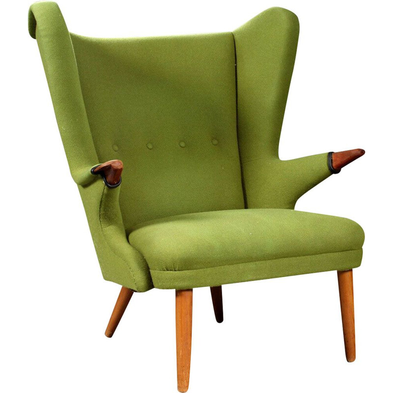 Vintage armchair in green wool and teak wood 1950