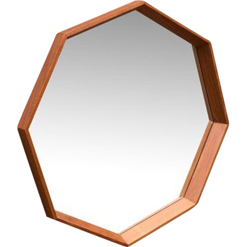 Scandinavian octagonal vintage mirror in teak wood 1950