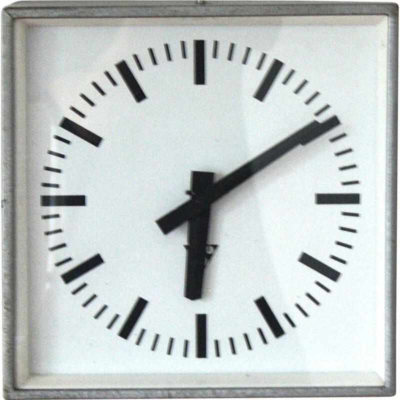 Vintage industrial czech wall clock for Pragotron in glass and metal 1970s
