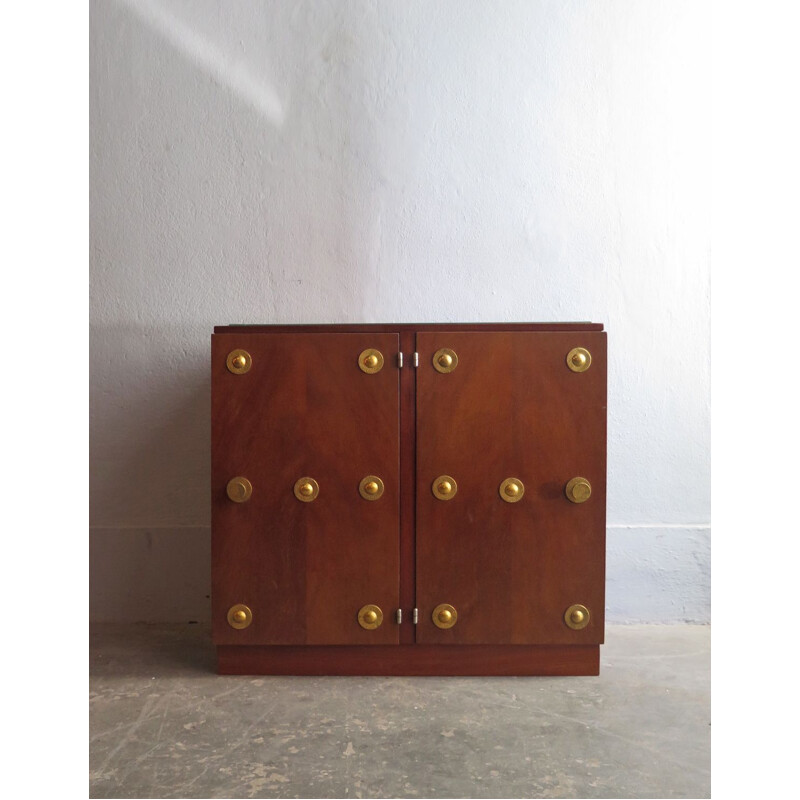 Vintage walnut double door cabinet with brass elements and glass top 1940s