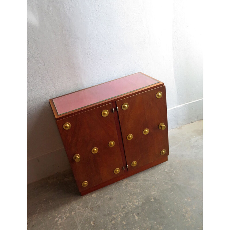 Vintage walnut double door cabinet with brass elements and glass top 1940s
