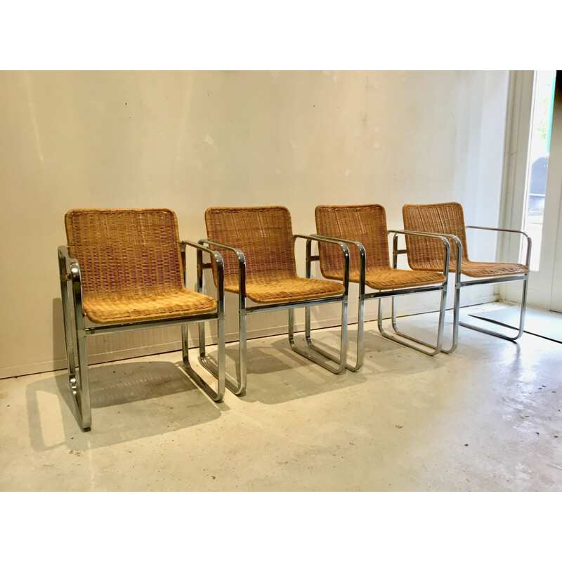 Set of 4 vintage chairs for Sliedregt in steel and rattan 1970s