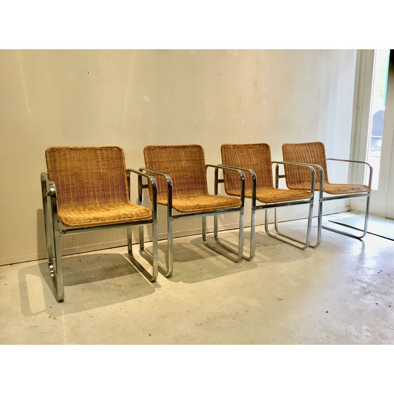 Suite de 4 chaises vintage pour Sliedregt en acier et rotin 1970
