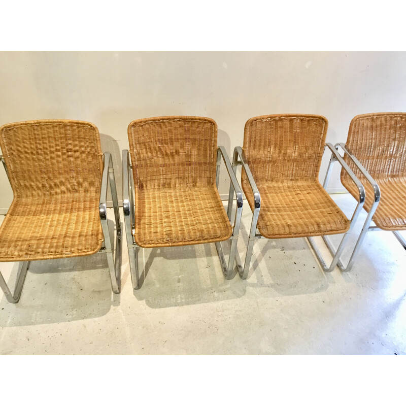 Set of 4 vintage chairs for Sliedregt in steel and rattan 1970s