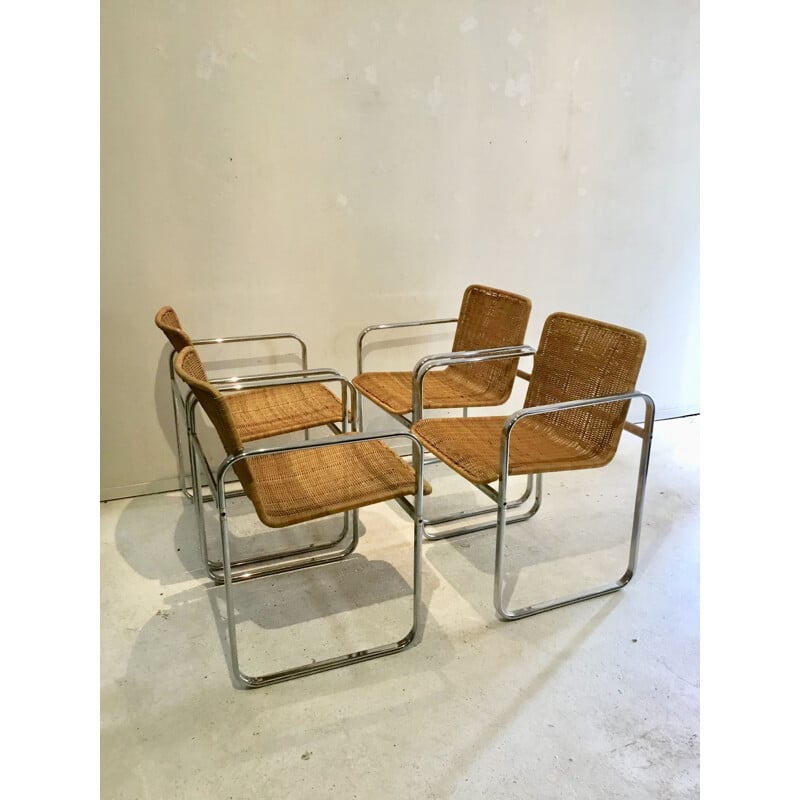 Suite de 4 chaises vintage pour Sliedregt en acier et rotin 1970