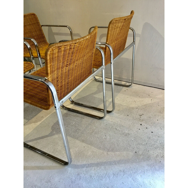 Set of 4 vintage chairs for Sliedregt in steel and rattan 1970s