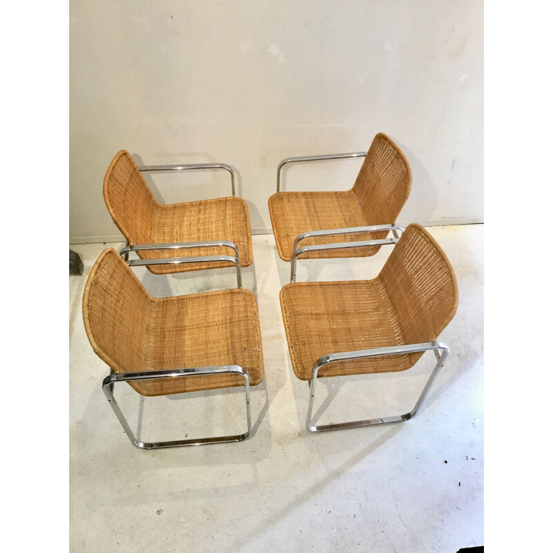 Suite de 4 chaises vintage pour Sliedregt en acier et rotin 1970