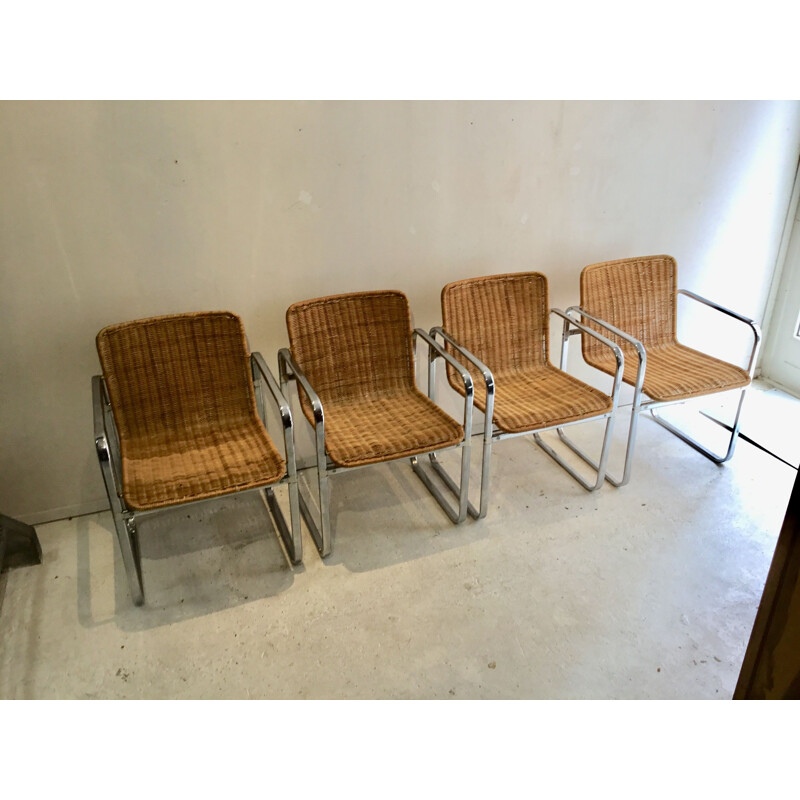 Set of 4 vintage chairs for Sliedregt in steel and rattan 1970s