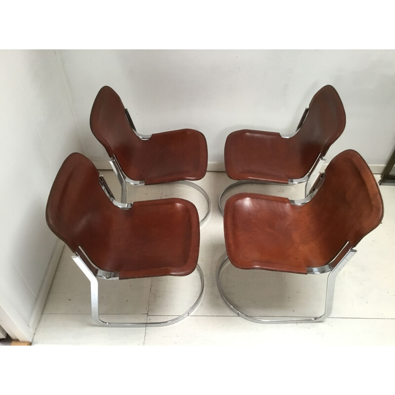 Set of 4 vintage chairs for Cidue in brown leather and steel 1970s