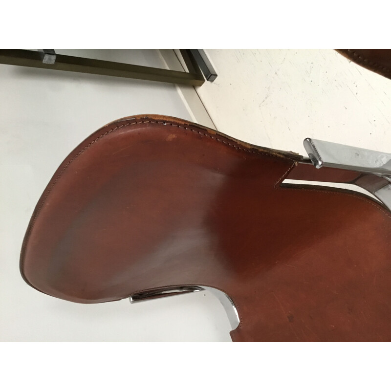 Suite de 4 chaises vintage pour Cidue en cuir marron et acier 1970