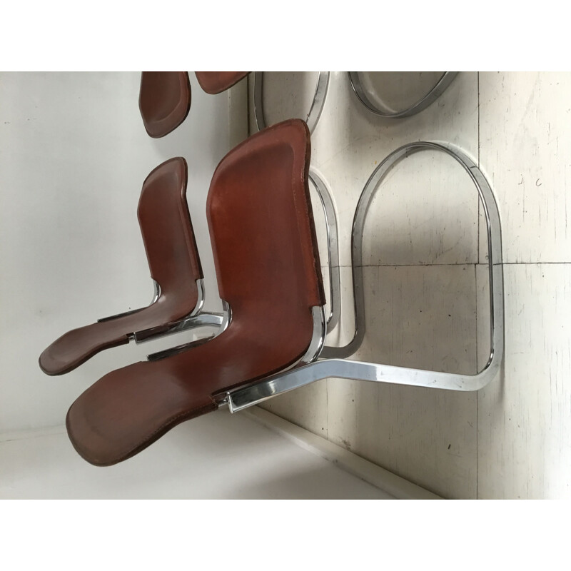 Suite de 4 chaises vintage pour Cidue en cuir marron et acier 1970