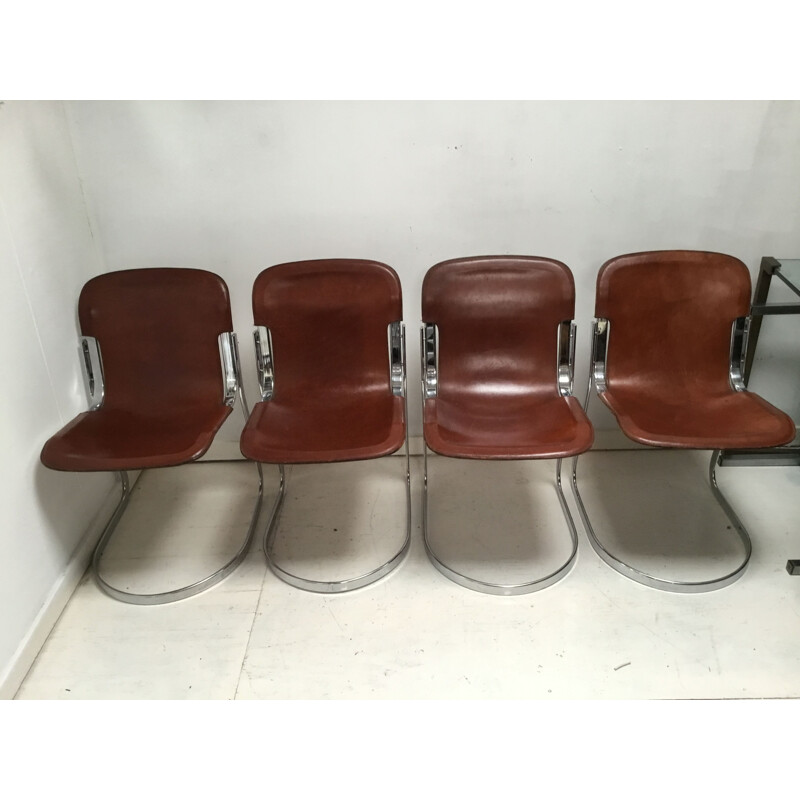 Set of 4 vintage chairs for Cidue in brown leather and steel 1970s