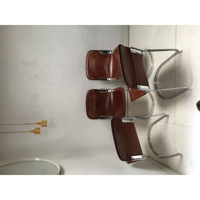 Set of 4 vintage chairs for Cidue in brown leather and steel 1970s