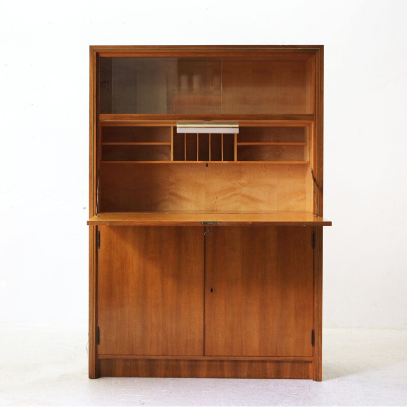 Vintage writing desk with glass sliding doors in brass and walnut 1950s