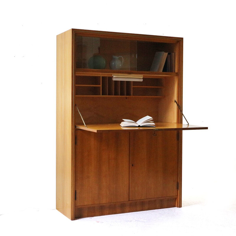 Vintage writing desk with glass sliding doors in brass and walnut 1950s