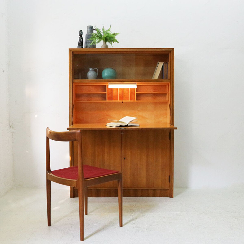Vintage writing desk with glass sliding doors in brass and walnut 1950s