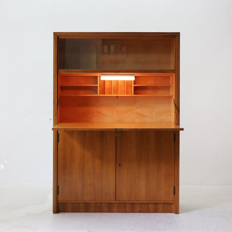 Vintage writing desk with glass sliding doors in brass and walnut 1950s